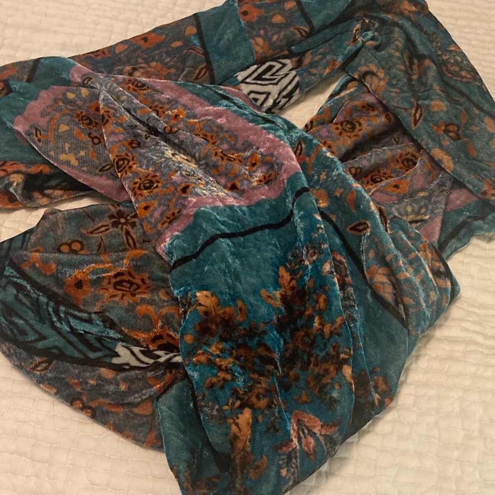 Teal Multicolor Patterned Velvet Infinity Scarf, … - image 4